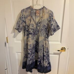 Johnny Was Flutter Sleeve Tiered Dress -  Blue and Cream Floral XS